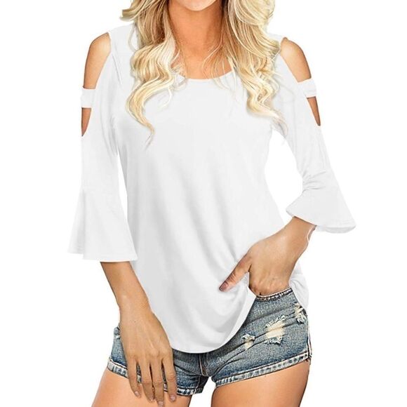 White Cold Shoulder 3/4 Sleeve Casual Tshirt Top - Picture 1 of 5